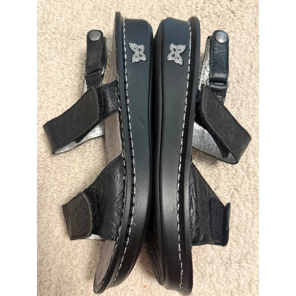Alegria Verona Sandals Womens 38 Black Excellent Floral Embossed Leather Comfort